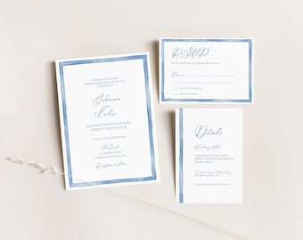 Light Blue Frame Wedding Invitation Suite TEMPLATE, Hand Painted, Look of Custom, Printable Invitation Suite, 4 Piece Includes Save The Date