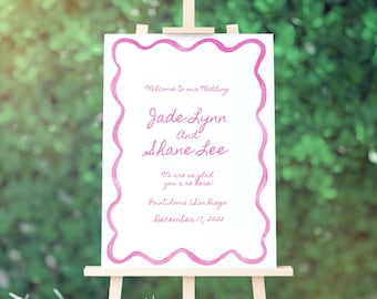 Pink Squiggle Watercolor Welcome Sign,  Wavy Pink Watercolor Frame, Watercolor Edge, Look of Custom, Printable, Wedding Sign, 18x24