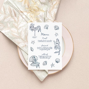 MODELO DE Cardápio de Comida com Tema de Sereia, Ilustrações de Sereia, Conchas, Festa com Tema de Oceano, Ilustrado à Mão, Para Imprimir, Cardápio, 5x7