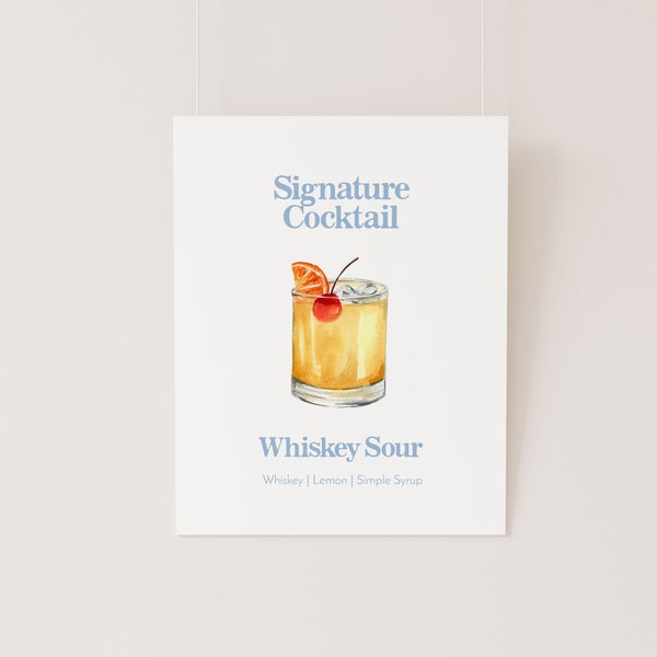 Whiskey Sour Cocktail Menu, Retro Signature Cocktail Template, Watercolor Whiskey Sour, Printable Cocktail Menu, Instant Download, 8x10