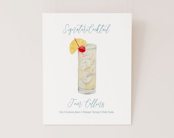 Tom Collins Cocktail Menu TEMPLATE, Watercolor Collins Drink, Signature Drink Menu, Watercolor Bar Menu, Gin Collins, Vodka Collins, 8x10