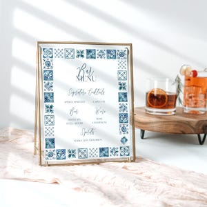 Modello di menu per bar con piastrelle marocchine, menu per bar per matrimoni stampabile in stile mediterraneo, menu per bar per matrimoni in Grecia o in Italia 8x10