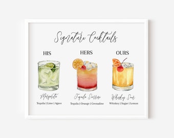 Signature Cocktail TEMPLATE, 24 Watercolor Cocktail Options, His Hers Ours, Mojito, Moscow Mule, Margarita, Whiskey Sour, Old Fashioned