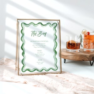 Sage Green Scallop Edge Bar Menu TEMPLATE, Loopy Watercolor Bar Sign, Green and Light Green, Squiggle, Printable Bar Menu, Wedding Bar, 8x10