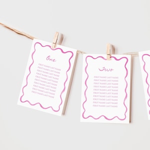Schede di assegnazione dei posti a sedere, cartello modificabile per l'assegnazione dei tavoli, scarabocchio rosa, bordo ondulato, stampabile, rosa, baby shower, addio al nubilato, matrimonio 5x7
