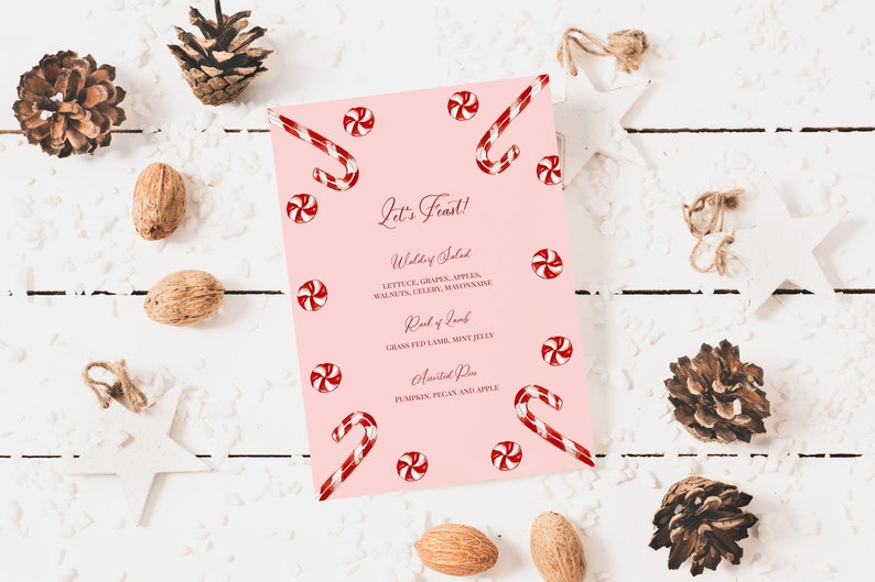 Candy Cane Christmas Dinner Menu TEMPLATE, Holiday Dinner Menu Printable, Christmas Menu Card, Watercolor Candy Cane Christmas, 5x7 image 1