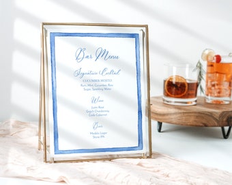 Watercolor Blue Frame Bar Menu TEMPLATE, Light Blue Watercolor Frame, Modern Menu, Blue Border, Printable, Wedding Bar Sign, 8x10