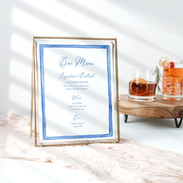 Watercolor Blue Frame Bar Menu TEMPLATE, Light Blue Watercolor Frame, Modern Menu, Blue Border, Printable, Wedding Bar Sign, 8x10