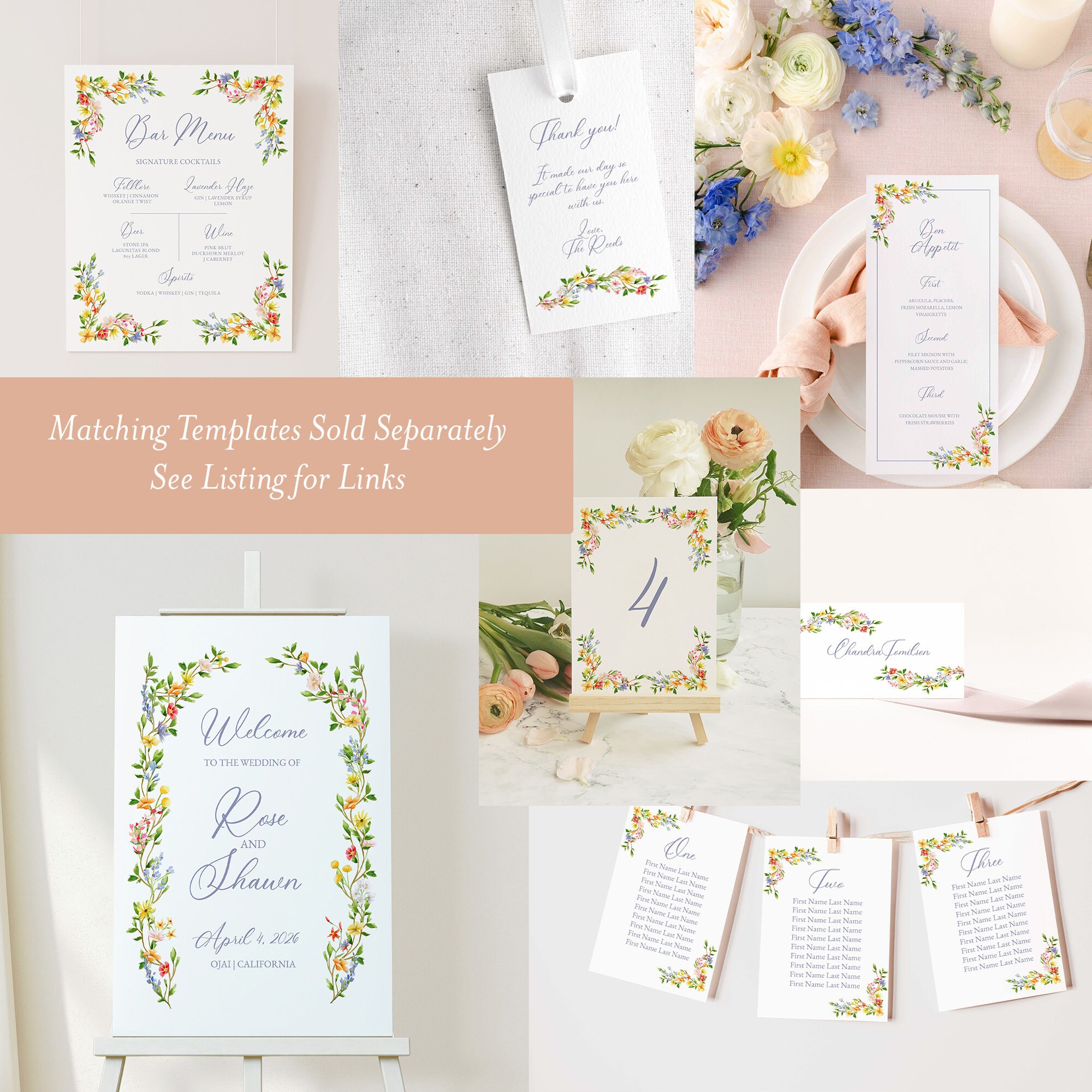Wildflower Watercolor Edge Dinner Menu, Printable Menu Card, Look of ...