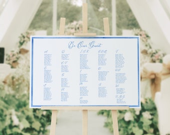 Alphabetical Seating Chart TEMPLATE, Editable Table Assignment Sign, Light Blue Watercolor Edge, Minimalist Wedding, Printable, 24x36