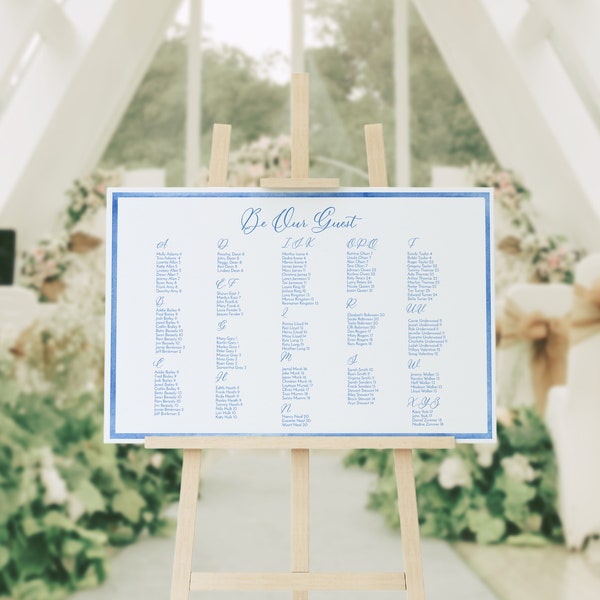 Alphabetical Seating Chart TEMPLATE, Editable Table Assignment Sign, Light Blue Watercolor Edge, Minimalist Wedding, Printable, 24x36