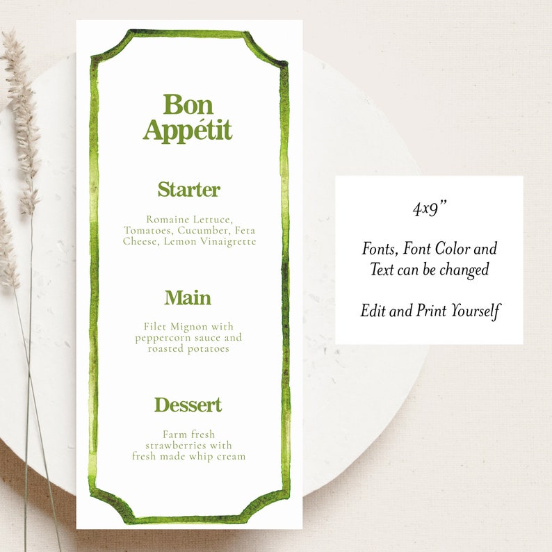 Green Watercolor Edge Dinner Menu, Printable Menu Card, Look of Custom, Frame, Chartreuse , Printable Menu, Wedding Menu Card, 4x9 image 2