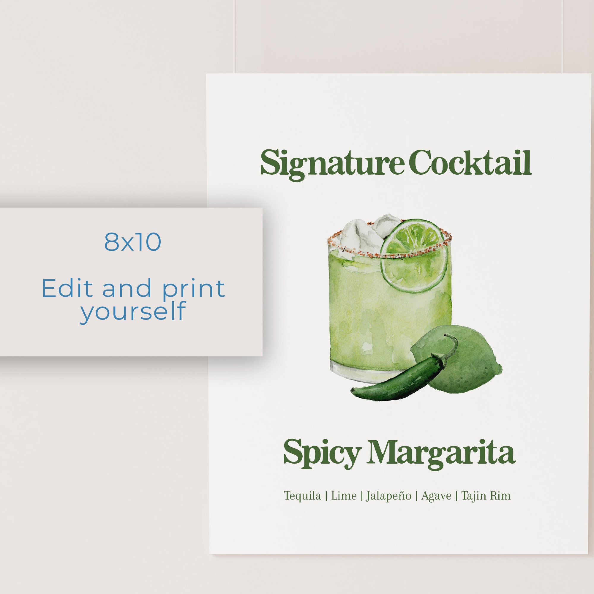 Spicy Margarita Watercolor Cocktail Menu TEMPLATE, Signature Drink Menu