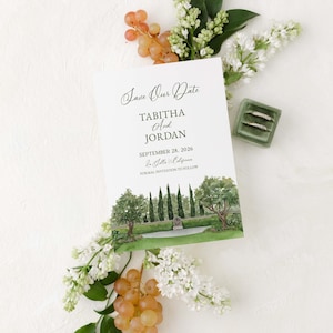 Garden Save The Date TEMPLATE, La Jolla Estancia Hotel, Garden Wedding,  Venue Illustration Save The Date, Tuscany Wedding, Printable  5x7