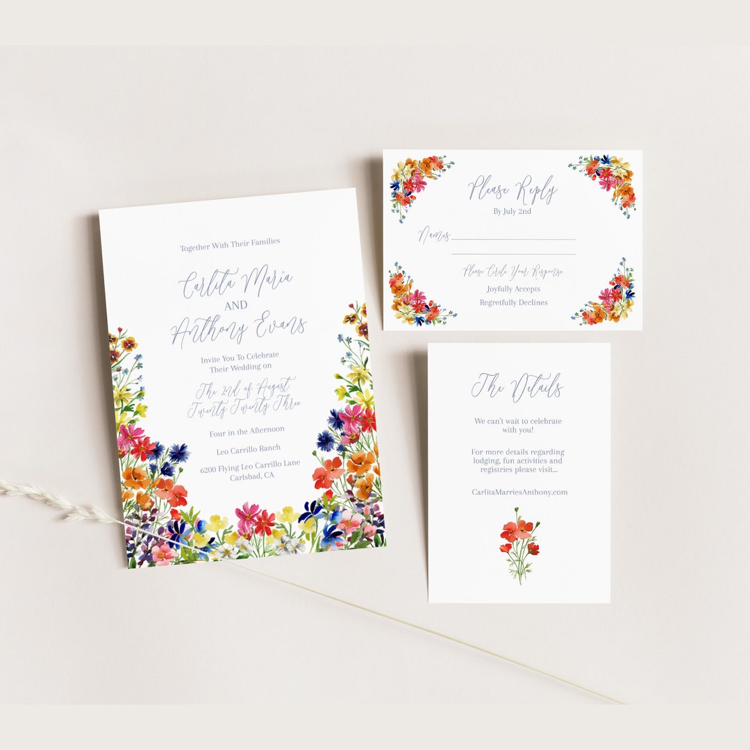 Wildflower Wedding Invitation, EDITABLE TEMPLATE, Boho Watercolor Wildflower Invitation, Wedding ...