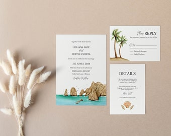 Cabo San Lucas Wedding Invitation TEMPLATE, Mexico Wedding Invitations, 3 piece suite, Printable Wedding Invites, Beach, Coastal Wedding