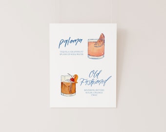 Paloma and Old Fashioned Watercolor Cocktail Menu TEMPLATE, Signature Drink Menu, Look of Custom, Hand lettering, Wedding Bar, 8x10