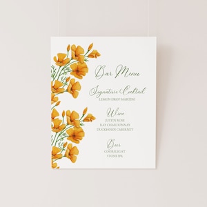 Plantilla de menú de barra de amapola de California, signo de acuarela de amapolas naranjas, menú de barra editable, barra, imprimible, menú de boda de verano, menú de barra 8x10