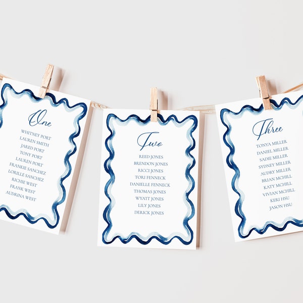 Blue Squiggle Seating Chart, Card Seating Chart, Printable Table Assignment Template, Modern Wedding Seating, 5x7