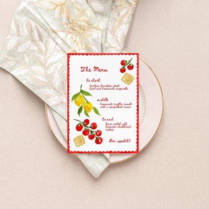 Printable Food Menu, Italian Style Menu, Thats Amore Menu, Red Scallop Border, Tomatoes, Pasta, Lemons, Wedding Dinner Menu, Template, 5x7