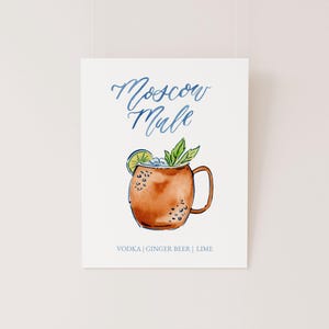 Moscow Mule Signature Cocktail TEMPLATE, Vodka Mule Cocktail Sign, Signature Cocktail Bar Sign, Retro, Watercolor Bar Menu, 8x10