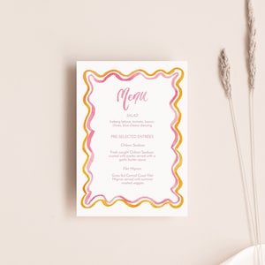 Plantilla de menú de cena con borde de vieira de acuarela, menú ondulado moderno, menú de acuarela de color sorbete, rosa y naranja, imprimible, menú de boda, 5x7