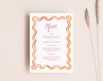 Watercolor Scallop Edge Dinner Menu TEMPLATE, Modern Wavy Menu, Sherbet Color Watercolor Menu, Pink and Orange, Printable, Wedding Menu, 5x7