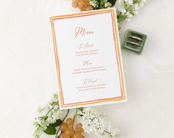 Plantilla de menú de boda en acuarela: Marco color coral mandarina (imprimible, 12,7 x 18,8 cm)