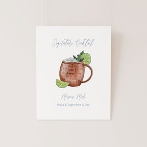 Aquarelle Moscow Mule, Signature Cocktail INSTANT DOWNLOAD modèle modifiable, Vodka Cocktail Sign, Signature Cocktail Bar Sign, 8x10
