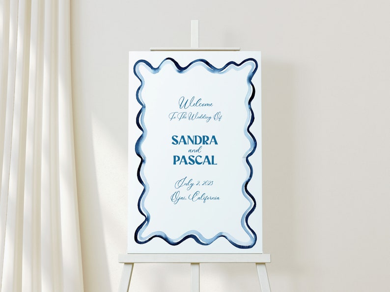 Blue Watercolor Squiggle Welcome Sign, Wavy blue wedding welcome sign design, Printable Welcome Sign, Wedding Sign Template, 24x36 inches image 1