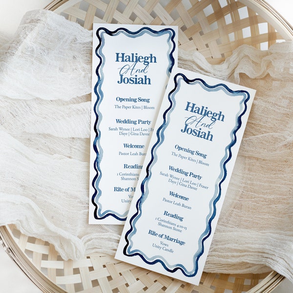 Blue Scallop Edge Program TEMPLATE, Wedding Program, Blue Watercolor Edge, Squiggle, Printable Wedding Program, Wedding Stationery, 4x9