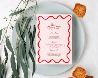 Watercolor Scallop Edge Dinner Menu TEMPLATE, Modern Wavy Menu, Red and Pink Watercolor Menu, Red, Squiggle, Printable, Wedding Menu, 5x7