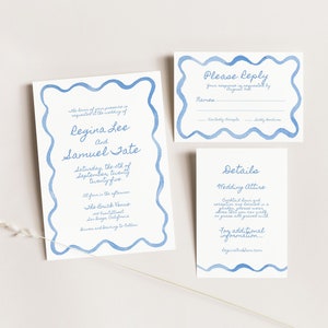 Watercolor Scallop Wedding Invitation TEMPLATE, Loopy Watercolor Squiggle, Light Blue, Modern Wavy, Printable Invitation Suite, Wavy Edge