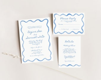 Watercolor Scallop Wedding Invitation TEMPLATE, Loopy Watercolor Squiggle, Light Blue, Modern Wavy, Printable Invitation Suite, Wavy Edge