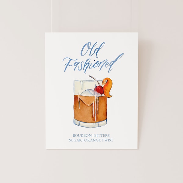 Watercolor Old Fashioned Signature Cocktail Template, Bourbon Cocktail Sign, Signature Cocktail Bar Sign, Old Fashioned Drink Menu, 8x10