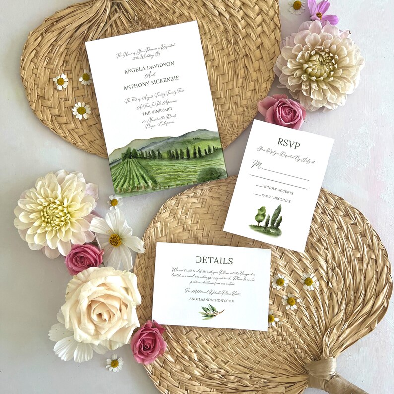 Watercolor Vineyard Wedding Invitation Suite TEMPLATE (3 Piece) - Etsy