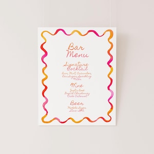 SJABLOON sorbet kronkel, coquillerand, loopy aquarel bar teken, roze en oranje, golvende rand, afdrukbaar barmenu, trouwbalk, 8 x 10