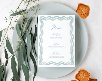 Light blue and green Scallop Edge Menu TEMPLATE, Loopy Watercolor Bar Sign, Squiggle, Printable Dinner Menu, Wedding Menu Card, 5x7