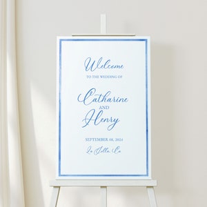 Light Blue Frame Watercolor Welcome Sign,  Welcome Sign Template, Watercolor Edge, Look of Custom, Printable, Wedding Sign, 18x24, 24x36