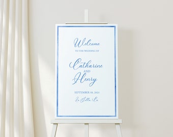 Light Blue Frame Watercolor Welcome Sign,  Welcome Sign Template, Watercolor Edge, Look of Custom, Printable, Wedding Sign, 18x24, 24x36