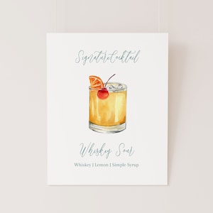 Whisky Sour Aquarell Bar Schild: Signature Cocktail Vorlage (Digitaler Download)