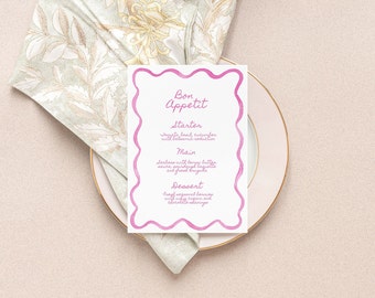 Dinner Menu with Pink Squiggle TEMPLATE, Squiggle, Loopy Watercolor Menu, Modern Pink Wavy, Printable, Wedding Menu Card, 5x7