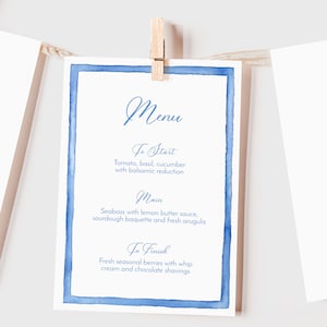 Aquarel blauw frame diner menu sjabloon, lichtblauw aquarel frame, modern menu, afdrukbaar, bruiloft menukaart, 4x6
