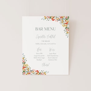 Plantilla de menú de barra botánica, menú de barra de bodas imprimible de flores silvestres brillantes, menú de barra de flores de verano, boda boho, flores de acuarela, 8x10