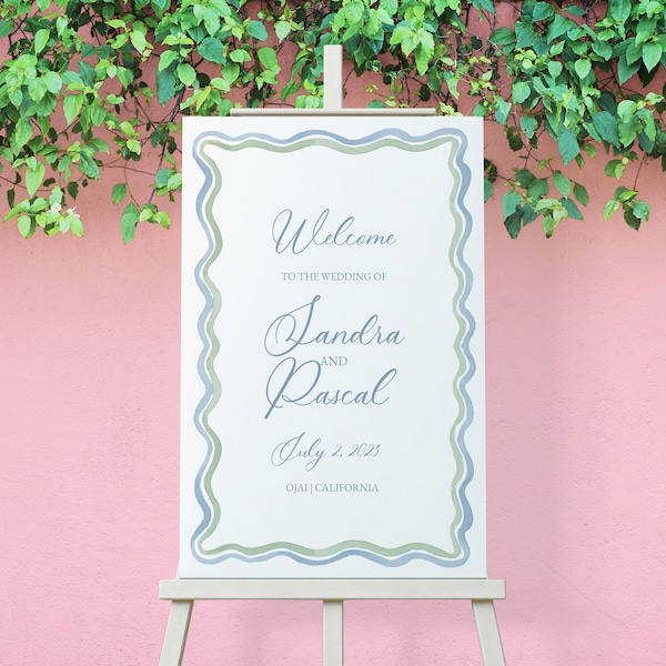 Light Blue and Green Watercolor Squiggle Welcome Sign, Dusty Blue, Sage Green, Scallop Edge Design, Printable Welcome Sign, Wedding, 24x36