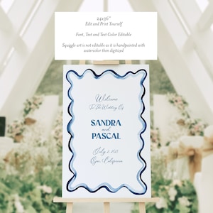 Blue Watercolor Squiggle Welcome Sign, Wavy blue wedding welcome sign design, Printable Welcome Sign, Wedding Sign Template, 24x36 inches image 3