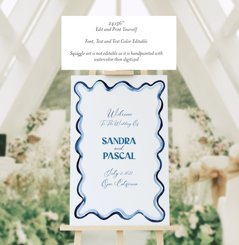 Blue Watercolor Squiggle Welcome Sign, Wavy blue wedding welcome sign design, Printable Welcome Sign, Wedding Sign Template, 24x36 inches image 3