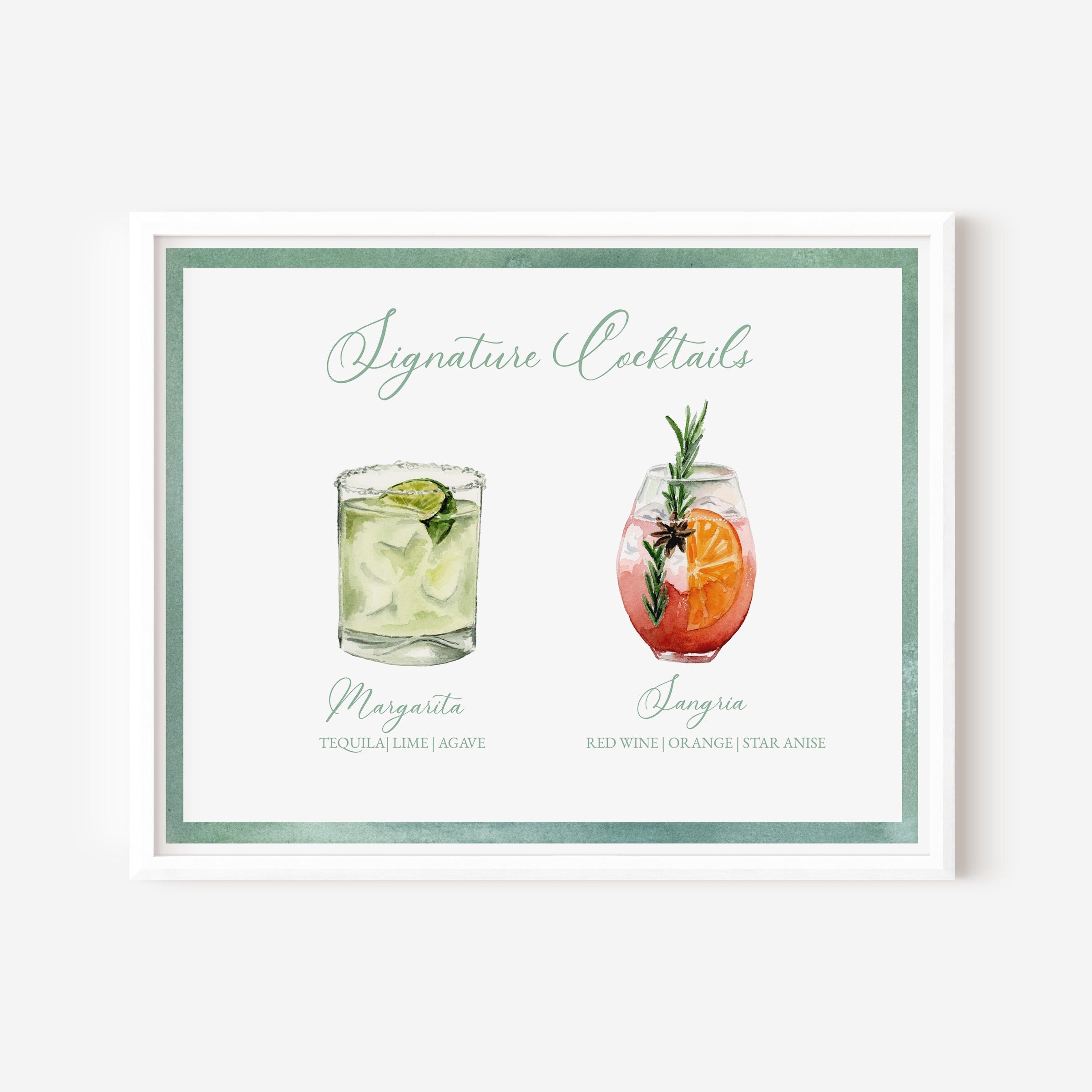 His and Her Signature Cocktail TEMPLATE Watercolor, 24 Cocktails, Mojito, Moscow Mule, Margarita, Paloma, Old Fashioned, Sage Border, 8x10