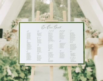 Alphabetical Seating Chart TEMPLATE, Editable Table Assignment Sign, Olive Green Watercolor Edge, Minimalist Wedding, Printable, 24x36