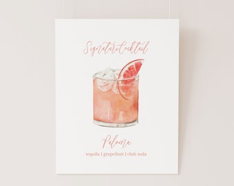 Paloma Signature Cocktail TEMPLATE, Paloma Cocktail Sign, Signature Cocktail Bar Sign, Grapefruit Cocktail, Watercolor Paloma Drink, 8x10